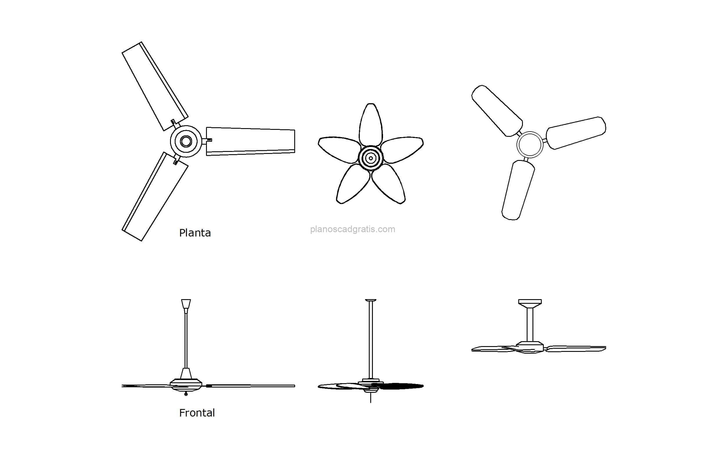 dibujo de autocad de diferentes ventiladores de techo, vistas en planta y elevación para descarga gratis, archivo dwg