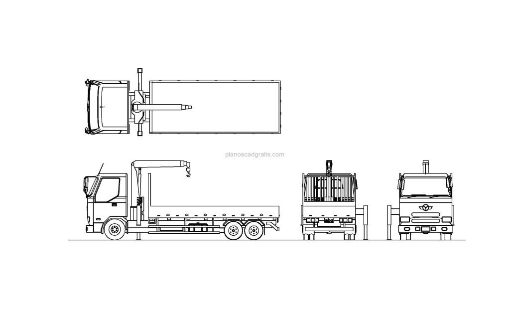dibujo de autocad de un camión grúa, vistas en planta, elevacione frontal, lateral, dibujo formato dwg para descarga gratis