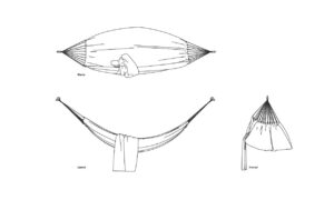dibujo de autocad de una hamaca, vistas en planta y elevaciones frontal y lateral, archivo dwg con vistas 2d para descarga gratis