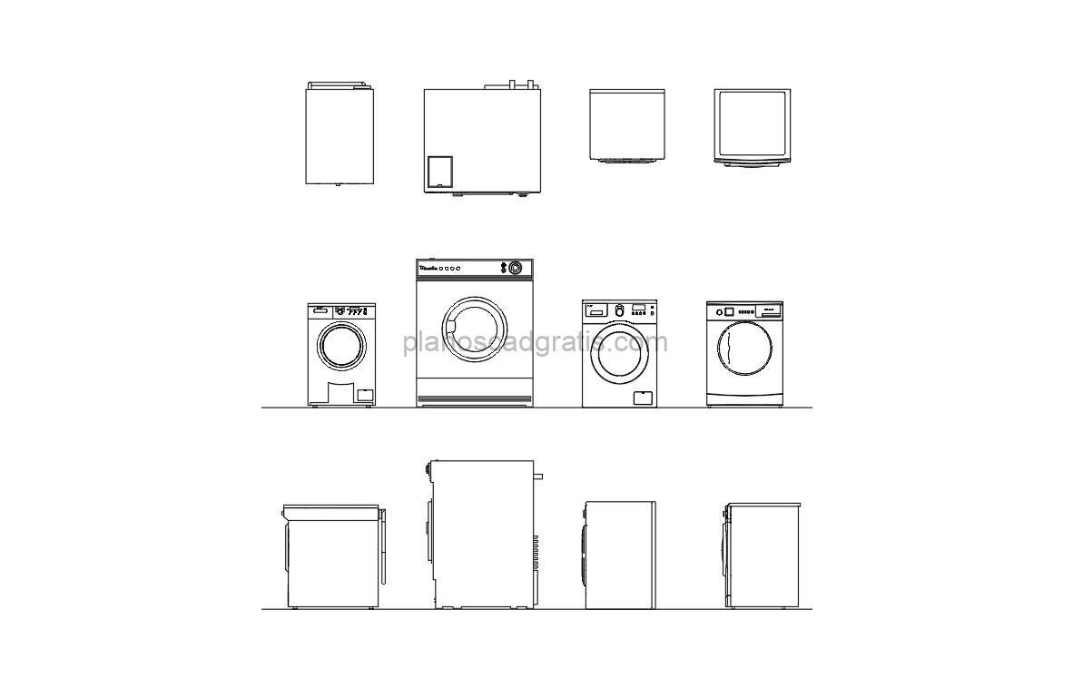 dibujo de autocad de lavadora de carga frontal, vistas en planta y elevaciones frontal y lateral, archivo dwg para descarga gratis