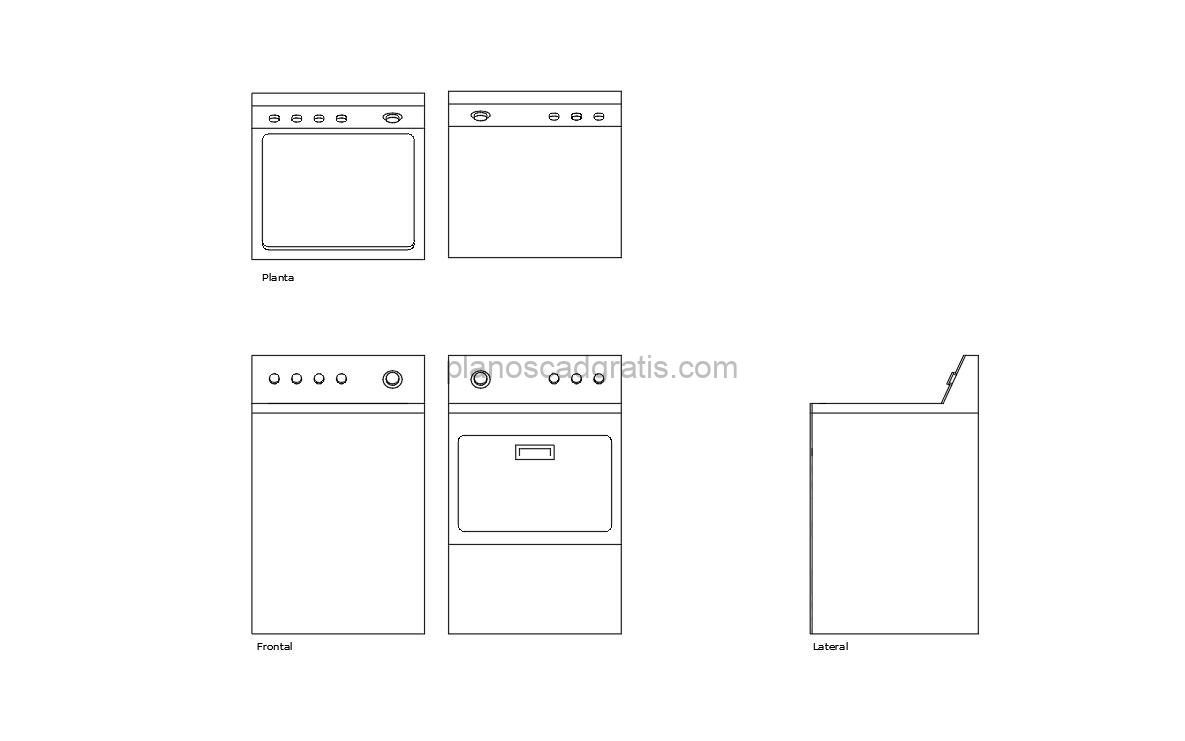 dibujo de autocad de lavadora de carga superior, vistas en planta y elevaciones frontal, lateral, dibujo 2d para descarga gratis, formato dwg