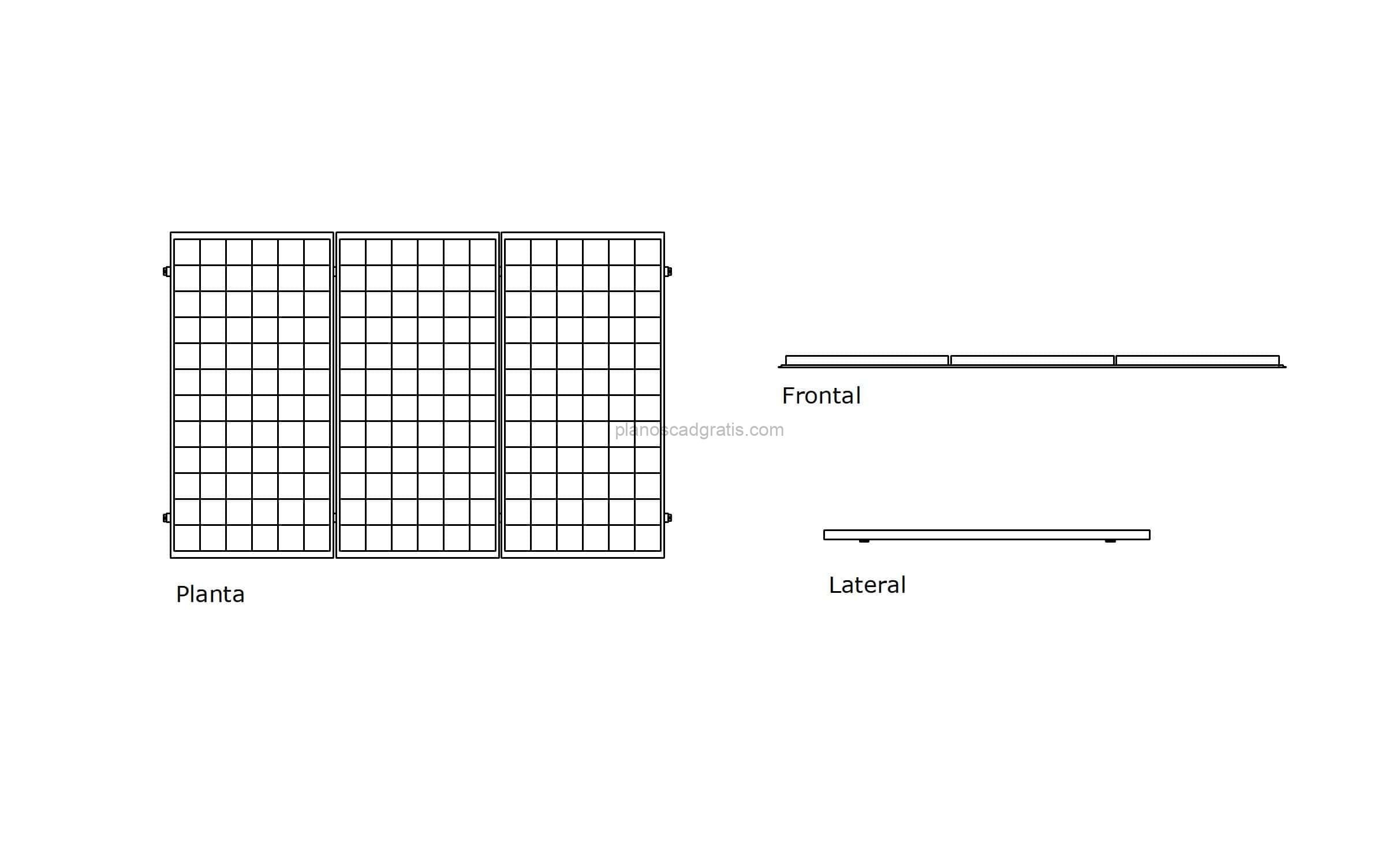 dibujo de autocad de un panel fotovoltaico, vistas en planta y elevacion, archivo dwg para descarga gratis