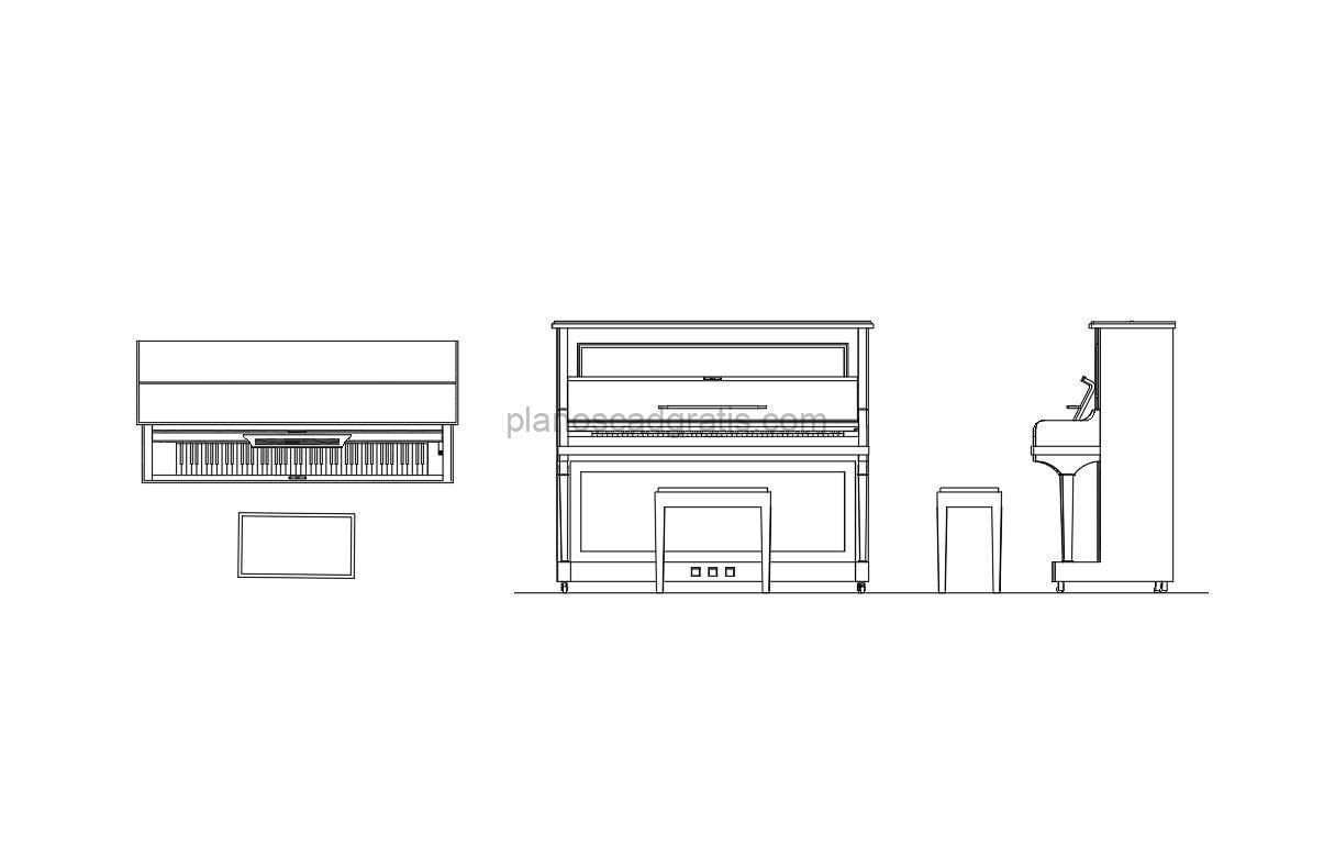 piano vertical, dibujo de autocad vistas en planta y elevaciones para vistas 2d, formato dwg para descarga gratis
