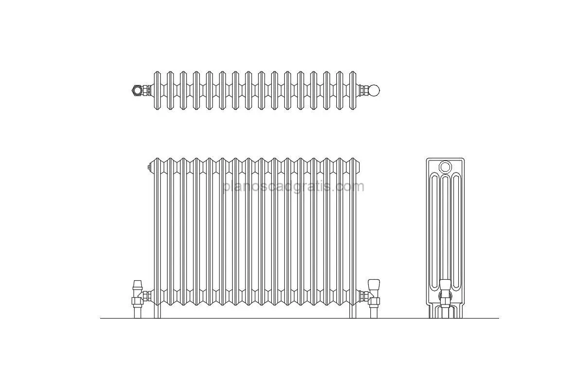dibujo de autocad de un radiador, vistas en planta y elevaciones para descarga gratis