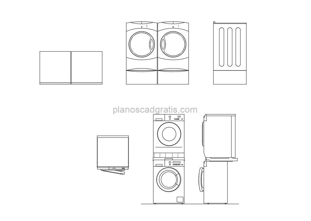 lavadora secadora dibujo de autocad con vistas en planta y elevaciones 2d, archivo dwg para descarga gratis