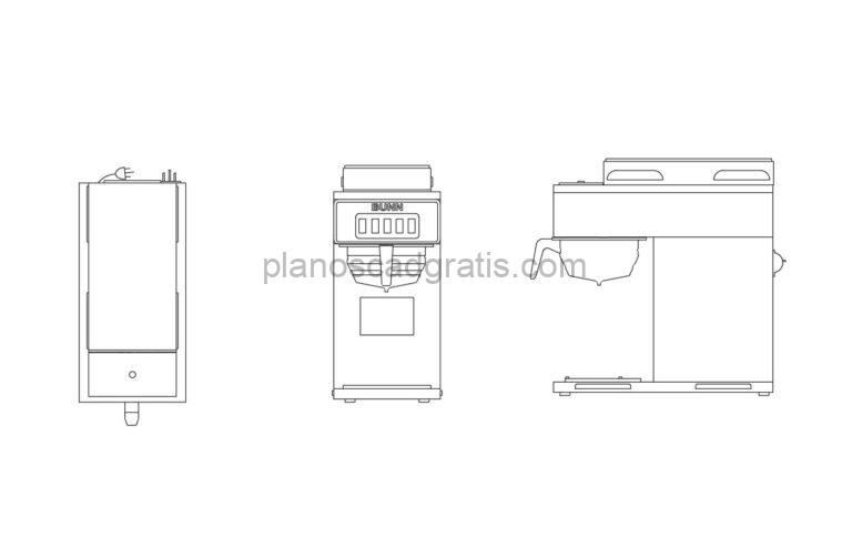 cafetera pequeña dibujo de autocad, vistas en planta y elevaciones, archivo en formato dwg para descarga gratis