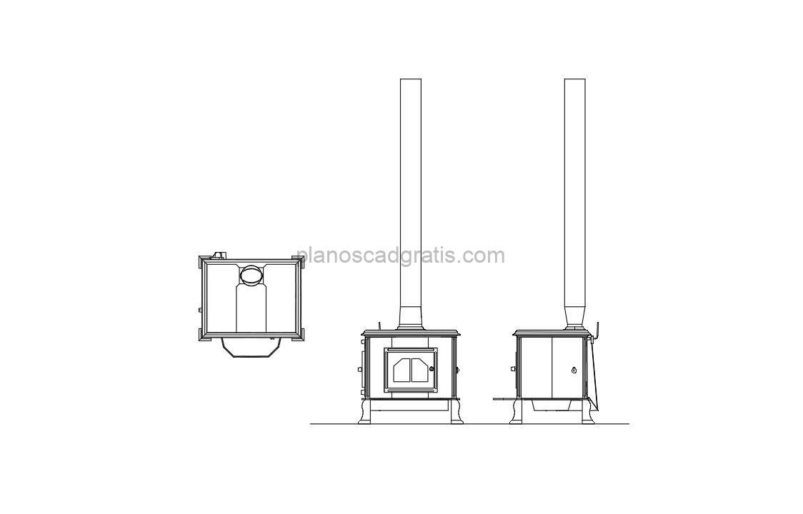estufa de leña bloque de autocad, vista en planta y elevaciones, archivo dwg para descarga gratis