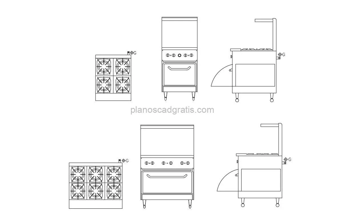 estufa industrial dibujo de autocad vistas en planta y elevaciones, archivo dwg para descarga gratis