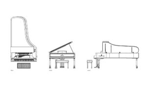 piano de cola bloque de autocad, vistas en planta y elevaciones en formato dwg para descarga gratis