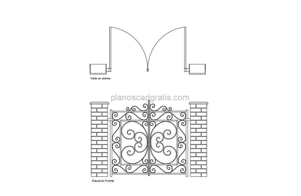 portón de hierro dibujo de autocad con vistas en planta y elevación, archivo dwg para descarga gratis