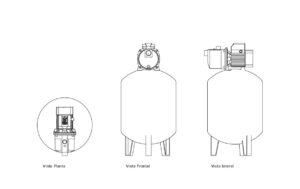tanque hidroneumatico dibujo de autocad con vistas en planta y elevaciones 2d, dibujo formato dwg para descarga gratis