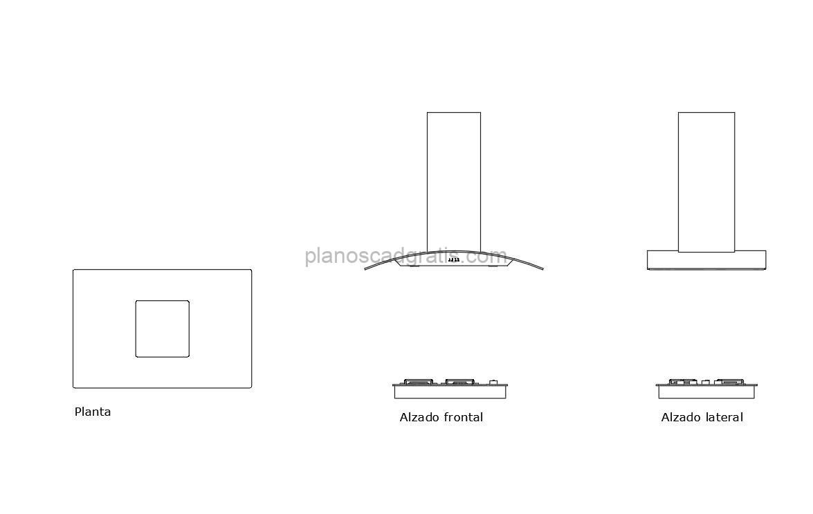 campana de cocina decorativa dibujo de autocad, vistas en planta y elevaciones, archivo dwg para descarga gratis