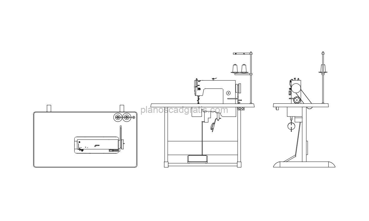 maquina de coser industrial bloque de autocad, planta y elevaciones para descarga gratis, archivo dwg