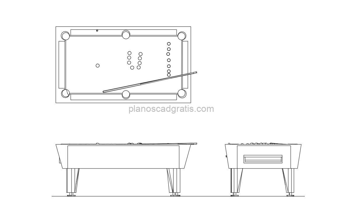 mesa de billar bloque de autocad, archivo dwg con vistas en planta y elevaciones para descarga gratis