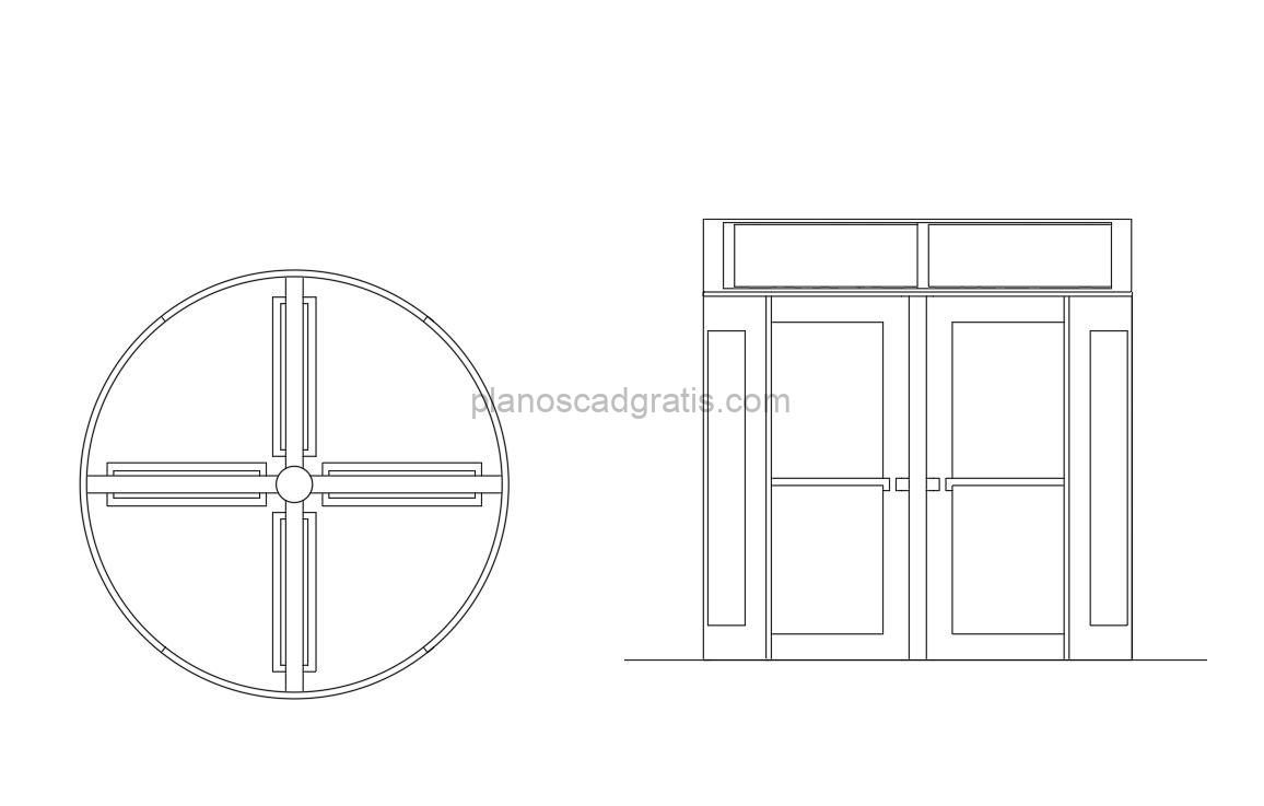 puerta giratoria bloque de autocad vistas en planta y elevaciones, archivo dwg para descarga gratis