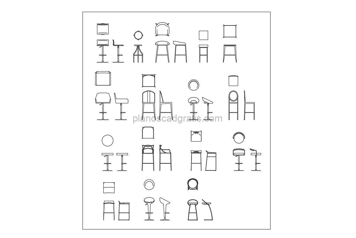 sillas de barra dibujo de autocad, vistas en planta y elevacions en 2d, archivo dwg para descarga gratis