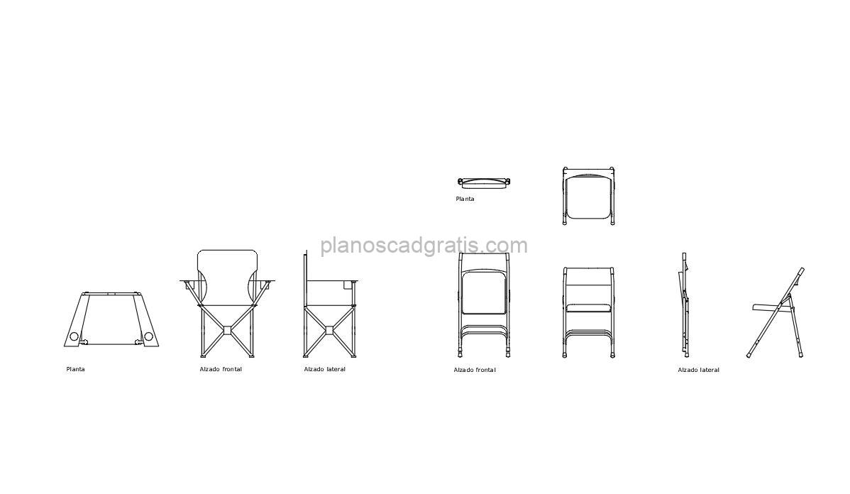 sillas plegables archivo dwg con vistas en planta y elevaciones para descarga gratis
