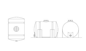 tanque de agua horizontal dibujo de autocad con vistas en planta y elevaciones, archivo dwg para descarga gratis