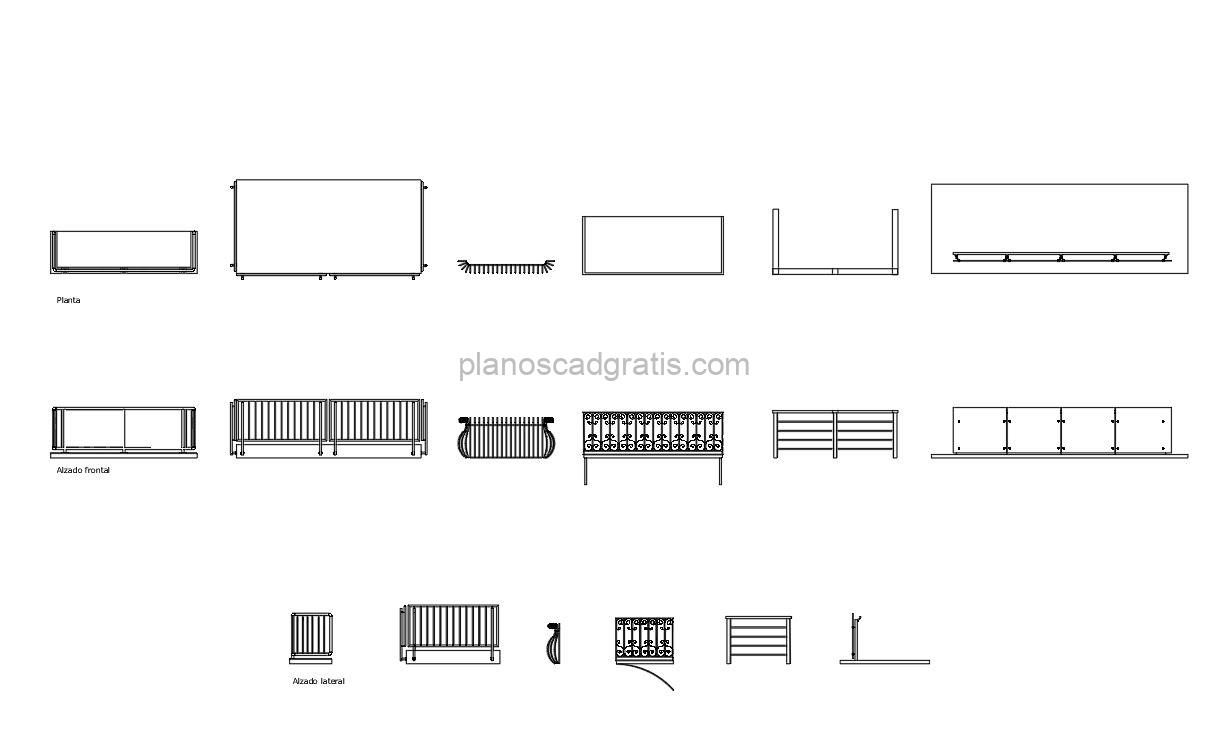 barandas para balcones bloque de autocad, vistas en planta y alzados, archivo dwg para descarga gratis