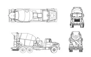 camión de concreto dibujo de autocad, vistas en planta y alzados, archivo dwg para descarga gratis