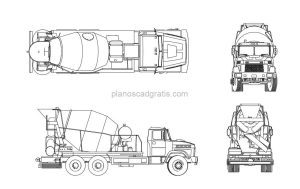 camión de concreto dibujo de autocad, vistas en planta y alzados, archivo dwg para descarga gratis