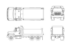 camion de volteo dibujo de autocad, vistas en planta y alzados 2d, archivo dwg para descarga gratis