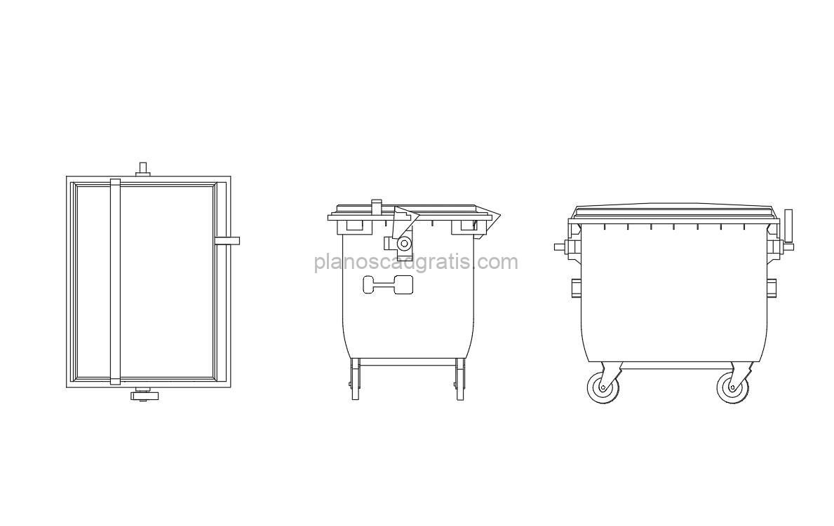 contenedor de basura dibujo de autocad, vistas en planta y alzados, archivo dwg para descarga gratis