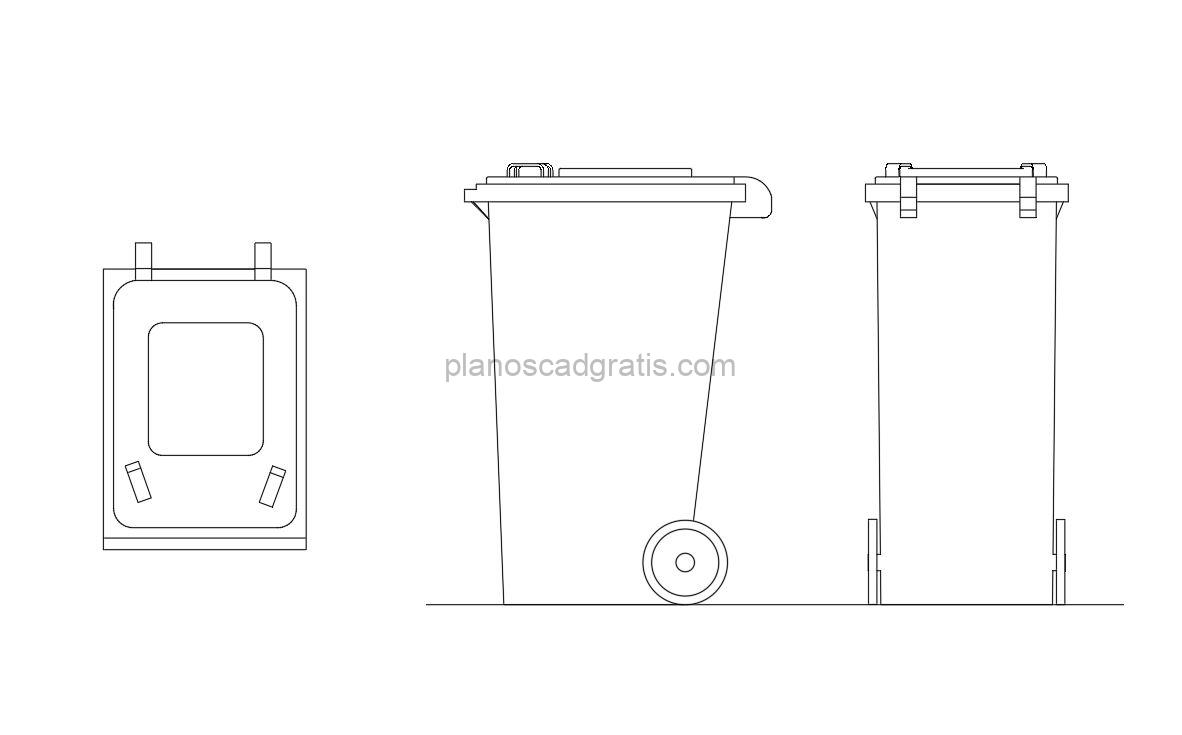 cubo de basura dibujo de autocad, vistas en planta y alzados, archivo dwg para descarga gratis