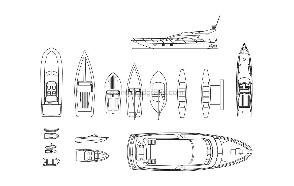 barcos y yates dibujo de autocad, vistas en planta y alzados, archivo dwg para descarga gratis