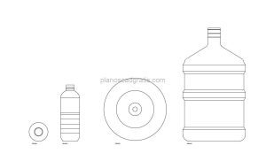 botellas de plastico dibujo de autocad, vistas en plantas y alzados, archivo dwg para descarga gratis