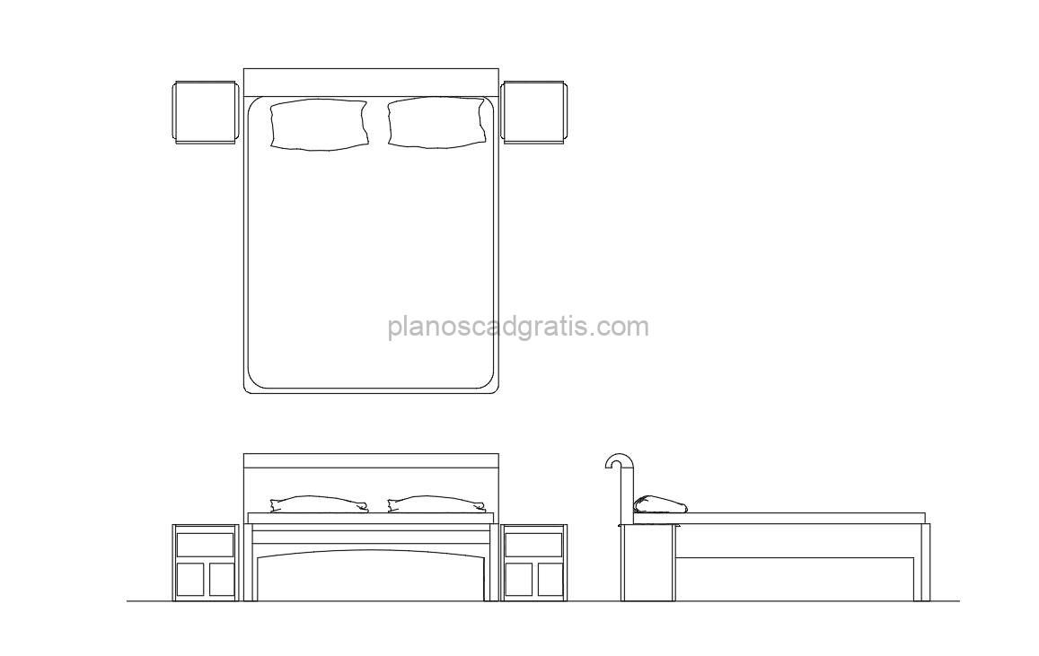 cama king size dibujo de autocad, vistas en planta y alzados, archivo dwg para descarga gratis
