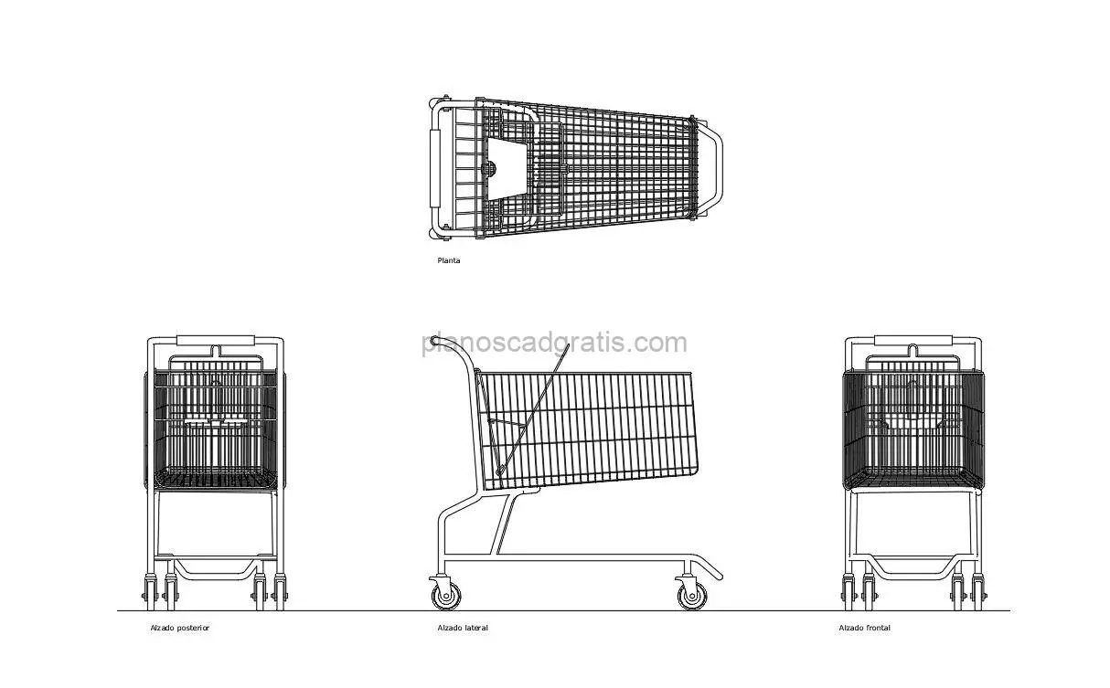 carro supermercado dibujo de autocad, vistas en planta y alzados, archivo dwg para descarga gratis