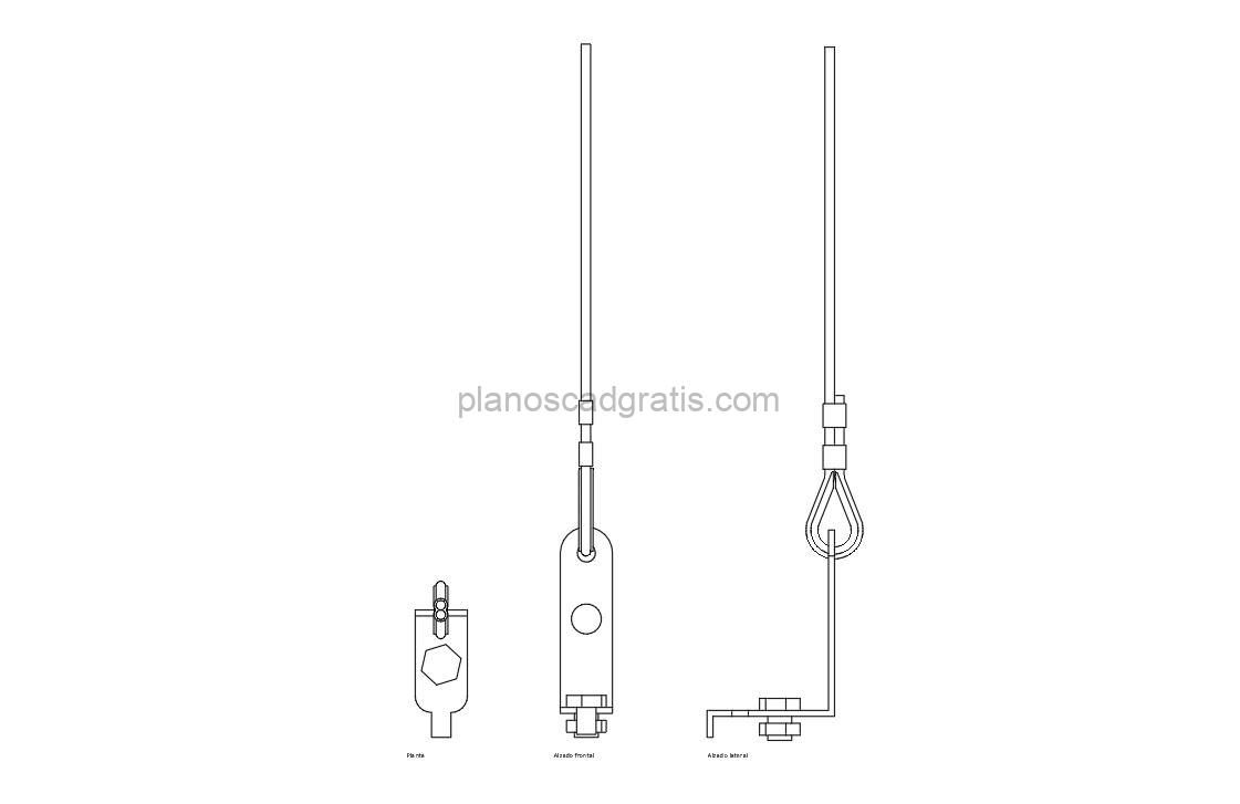 eslinga de cable de acero dibujo de autocad, vistas 2d, planta y alzados para descarga gratis
