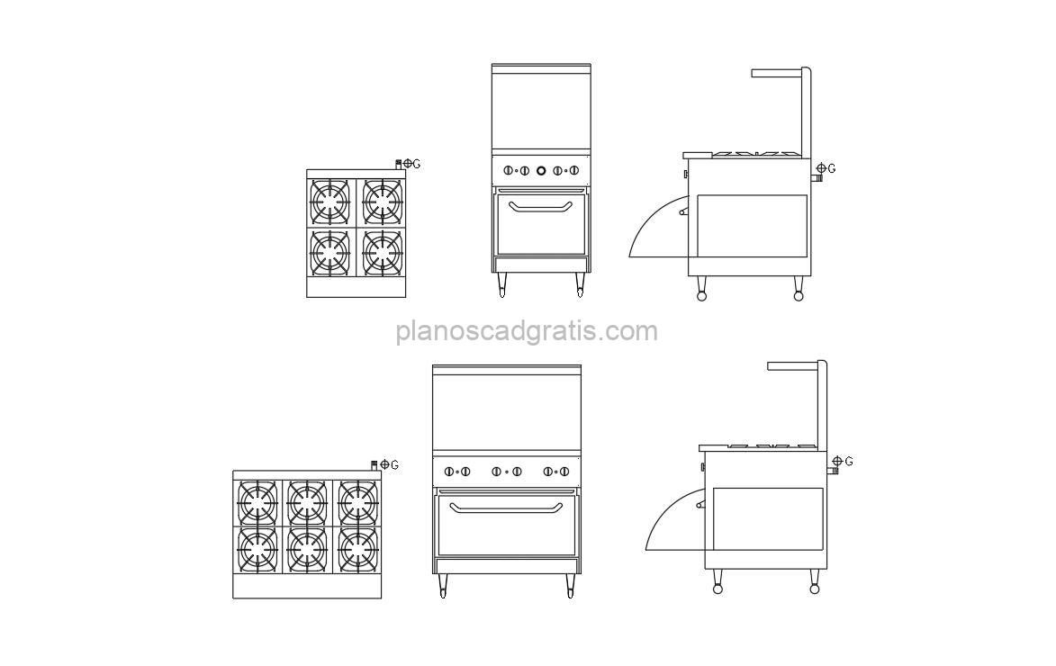 estufas de 4 y 6 fuegos dibujo de autocad, vistas en planta y alzados, archivo dwg para descarga gratis