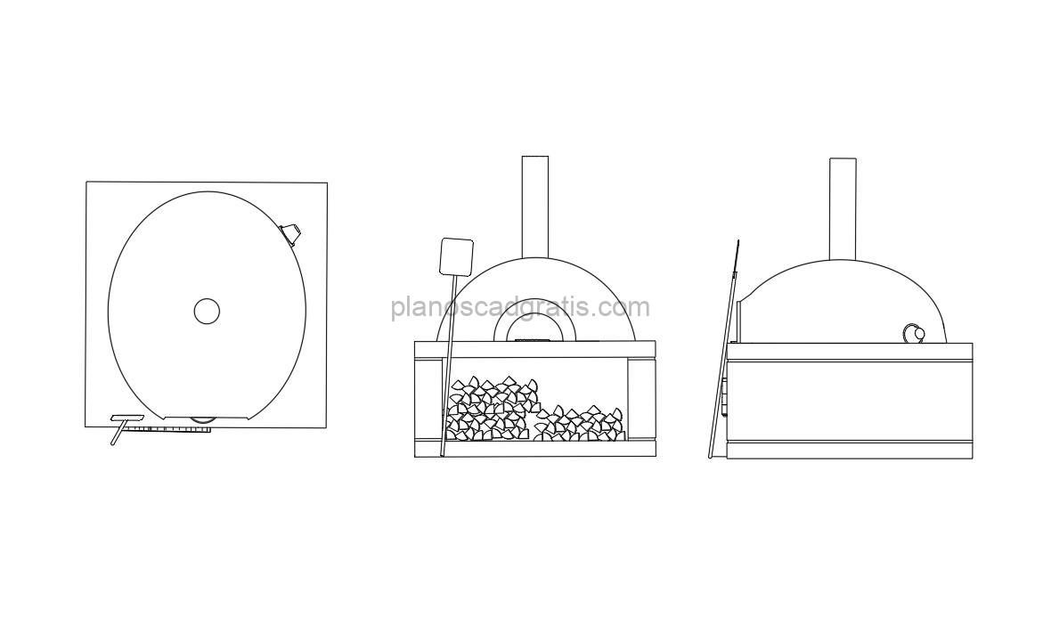 horno de barro dibujo de autocad, vistas en planta y alzados, archivo dwg para descarga gratis