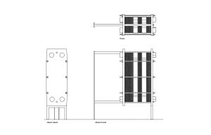 intercambiador de calor de placa dibujo de autocad, vistas en planta y alzados, archivo dwg para descarga gratis