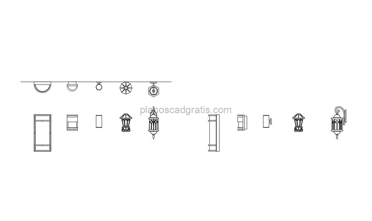 lamparas de pared dibujo de autocad, vistas en planta y elevaciones, archivo dwg para descarga gratis
