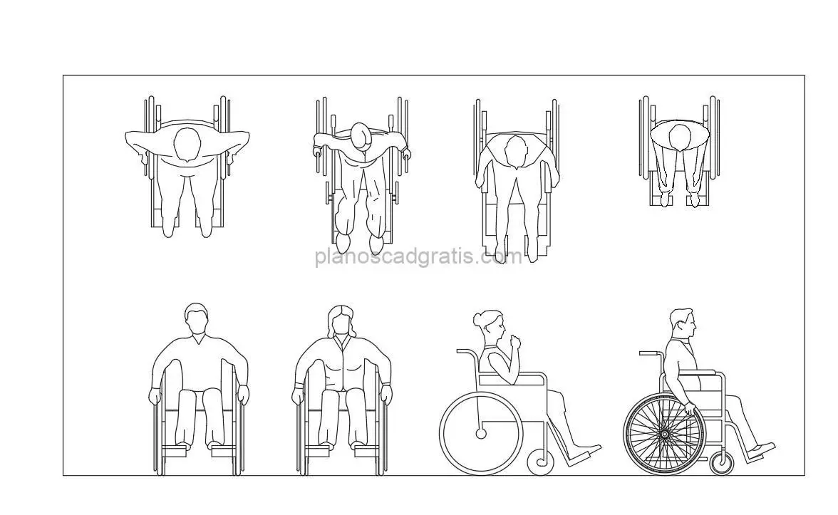 persona en silla de ruedas dibujo de autocad, vistas en planta y elevaciones, archivo de autocad para descarga gratis