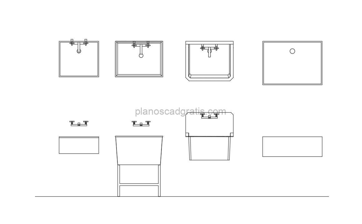 piletas de lavadero dibujo de autocad, vistas en planta y alzados, archivo dwg para descarga gratis