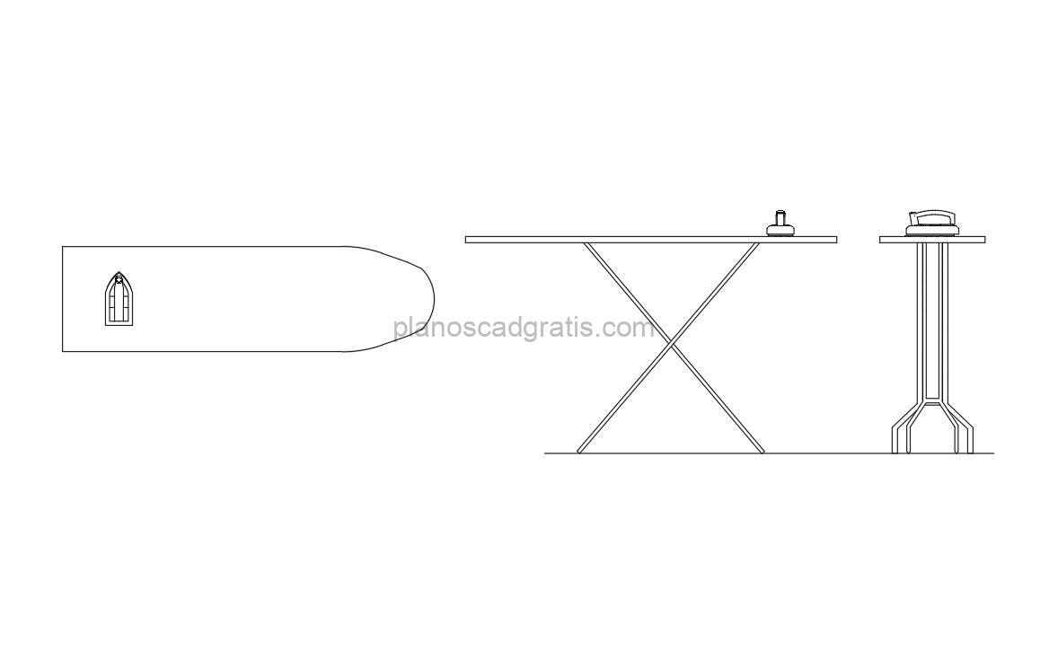 tabla de planchar dibujo de autocad, vistas en planta y elevaciones, archivo dwg para descarga gratis