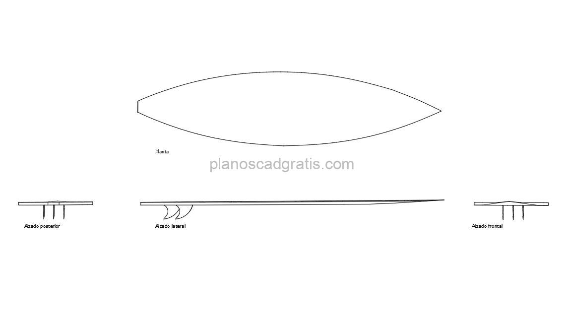 tabla de surf dibujo de autocad, vistas en planta y alzados, archivo dwg para descarga gratis