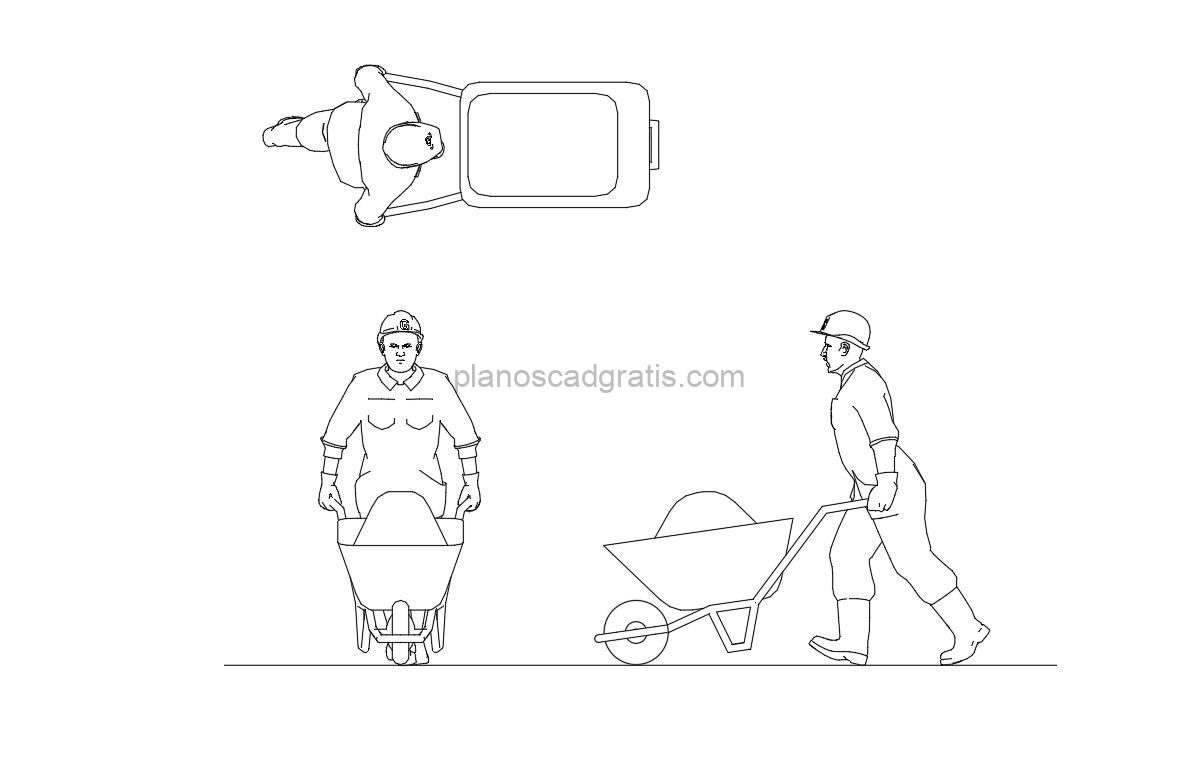 trabajador con carretilla dibujo de autocad, vistas en planta y alzados, archivo dwg para descarga gratis