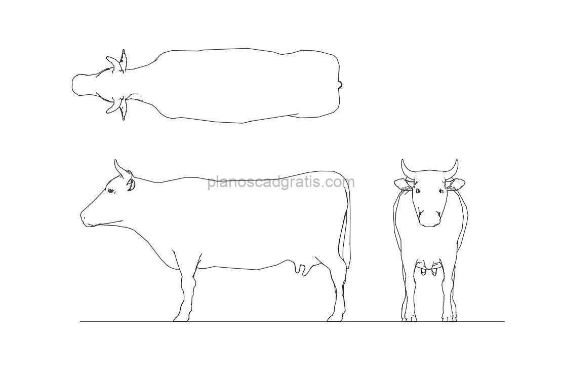 vaca dibujo de autocad, vistas en planta y alzados, archivo dwg para descarga gratis