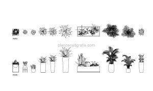 vasos de plantas dibujo de autocad, vistas en planta y elevaciones, archivo dwg para descarga gratis