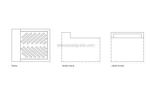 coladera de banqueta dibujo de autocad con vistas en planta y alzados frontal y lateral, archivo 2d dwg para descarga gratis