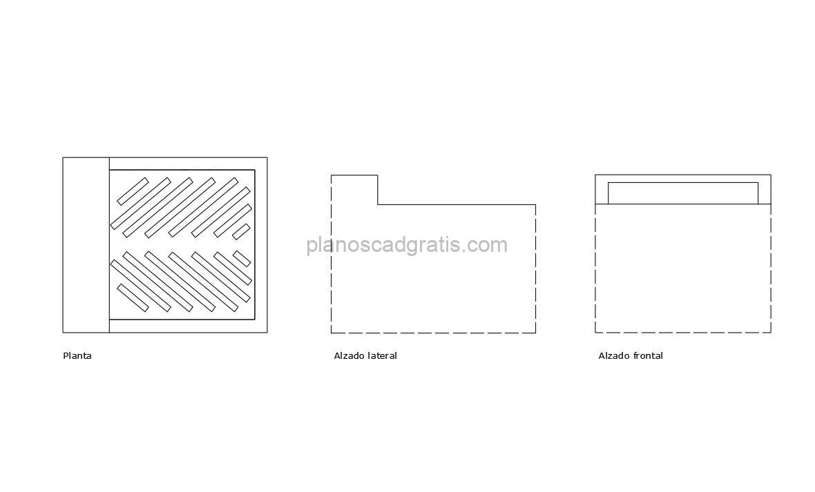 coladera de banqueta dibujo de autocad con vistas en planta y alzados frontal y lateral, archivo 2d dwg para descarga gratis