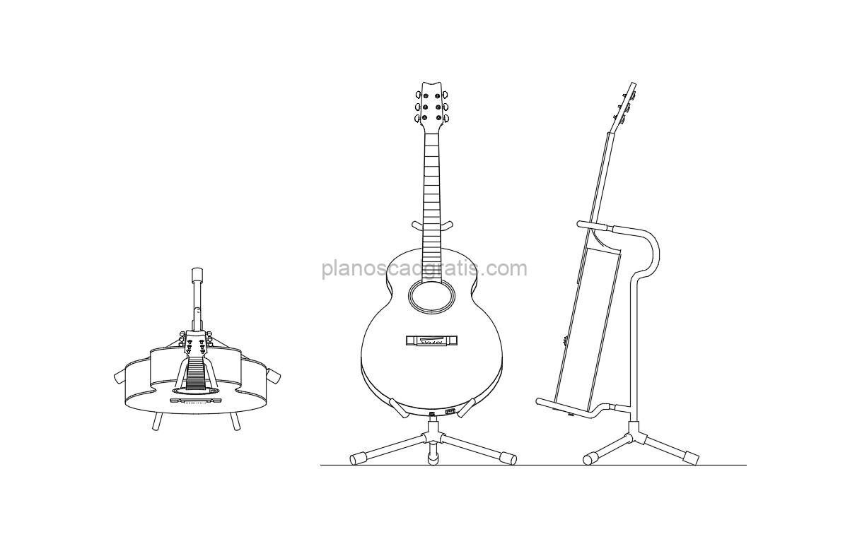 guitarra acústica dibujo de autocad, vistas en planta y elevaciones, archivo dwg con vistas 2d para descarga gratis