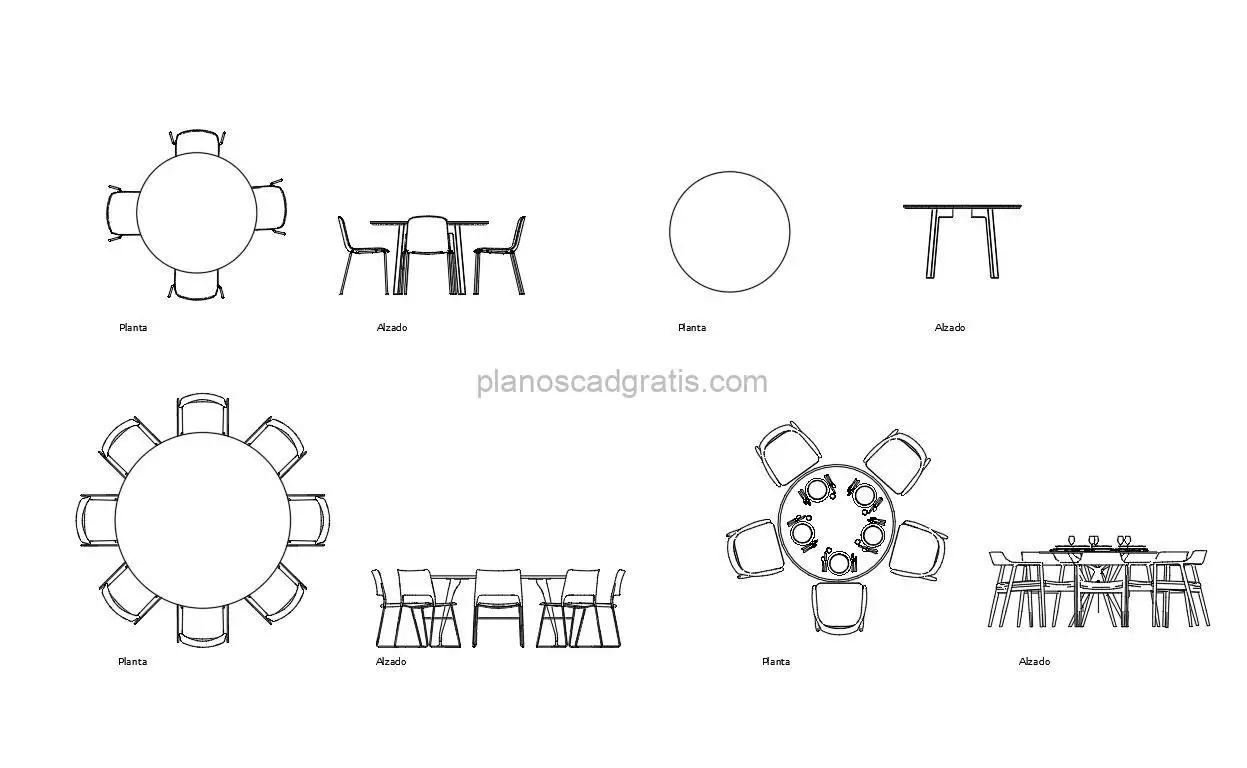 mesas redondas dibujo de autocad, vistas en planta y alzados, archivo dwg para descarga gratis
