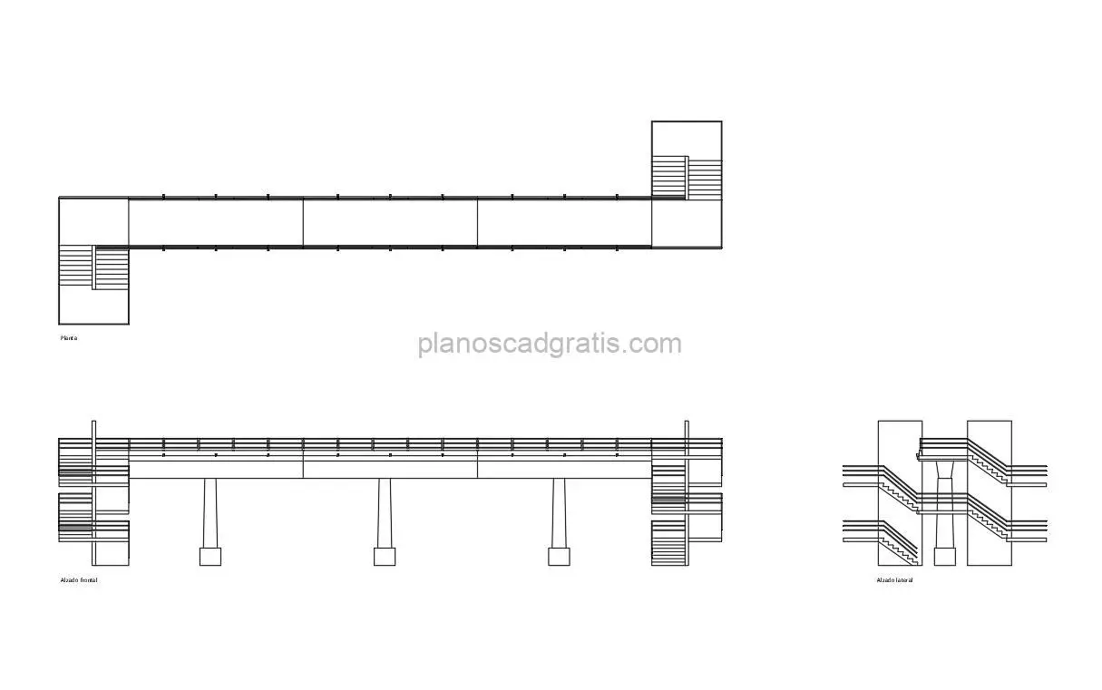 puente peatonal dibujo de autocad, planta y alzado 2d para descarga gratis
