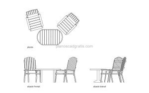 silla de jardin dibujo de autocad, vistas en planta y alzados, archivo dwg para descarga gratis